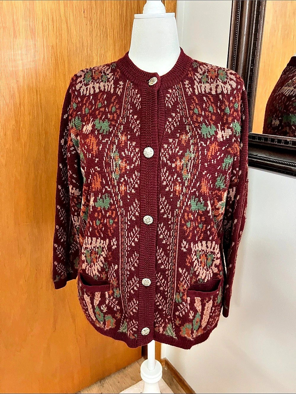 Vintage Floral Button-Front Cardigan in Burgundy, tan, green and orange
